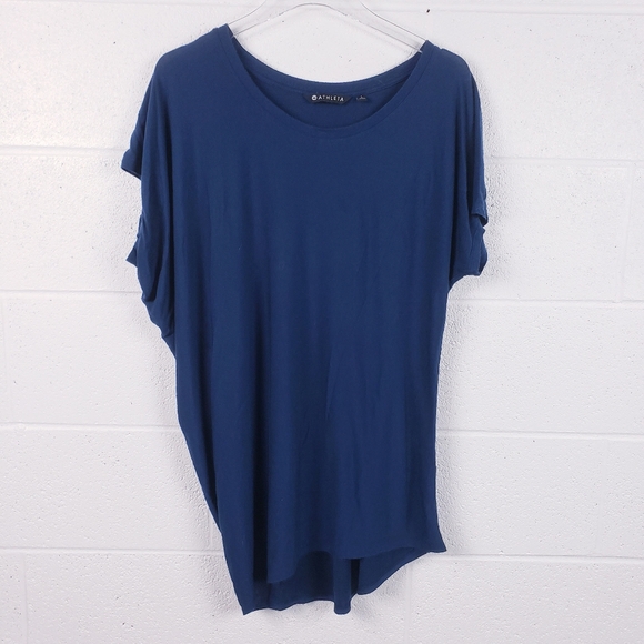 Athleta Threadlight Asymmetrical Relaxed Tee Modal Short Sleeve Crewneck Blue L - Picture 2 of 8